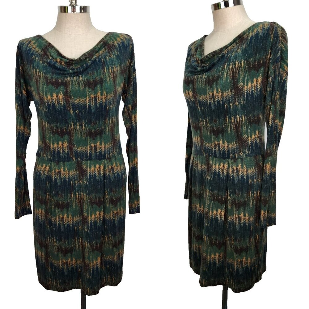 Peruvian Connection Ariadne Long Sleeve Dress M Green Brown Abstract Feather